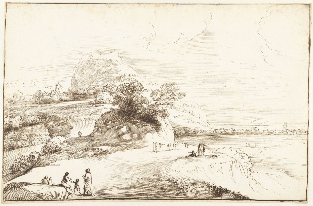 Berglandschap met een verre uitkijk door Guercino