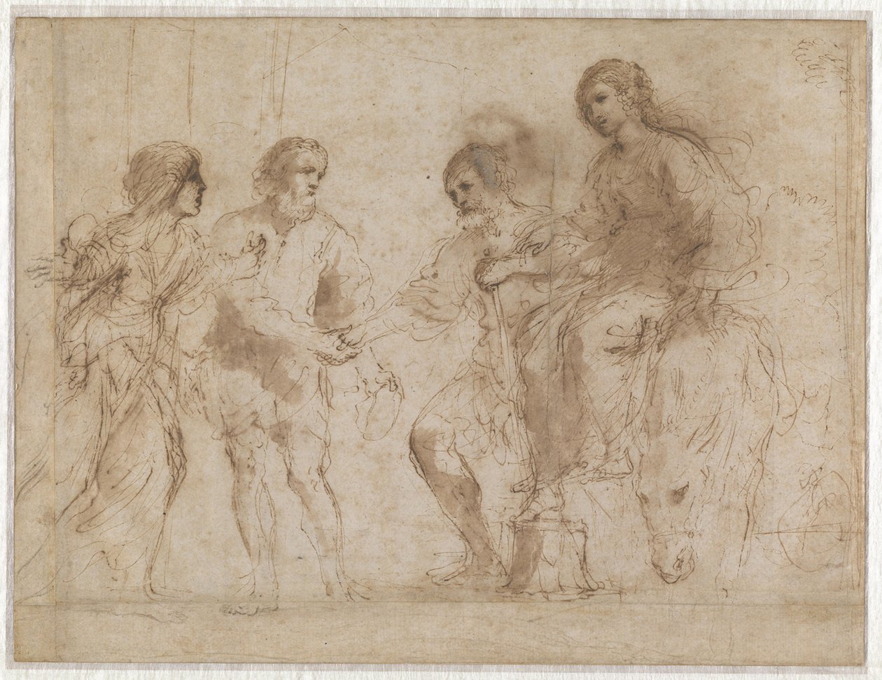 Ontmoeting van Maria en Jozef voor het huis van Elisabeth en Zacherias (recto) Maria en Elisabeth aan de voet van een trap (verso) door Guercino