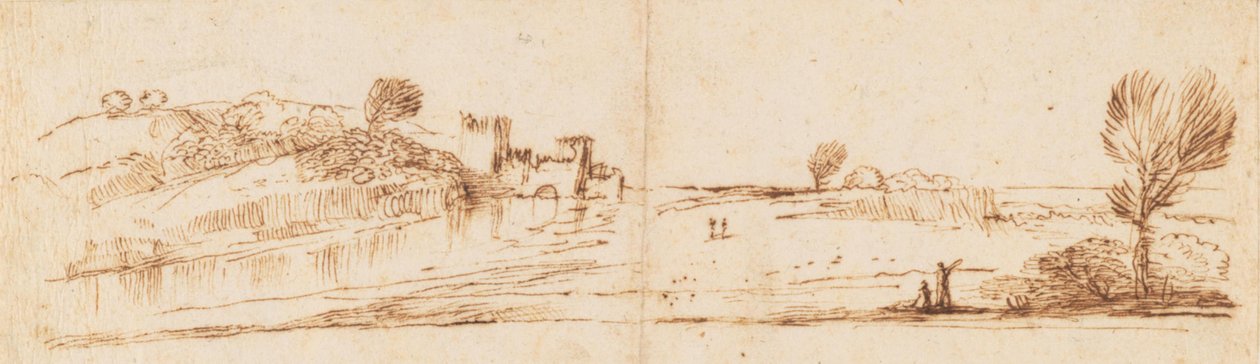 Panoramisch landschap met een rivier door Guercino