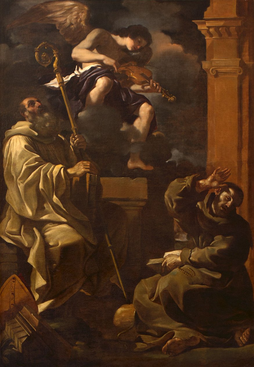Sint Benedictus en Sint Franciscus Luisteren naar een Muzikale Engel door Guercino