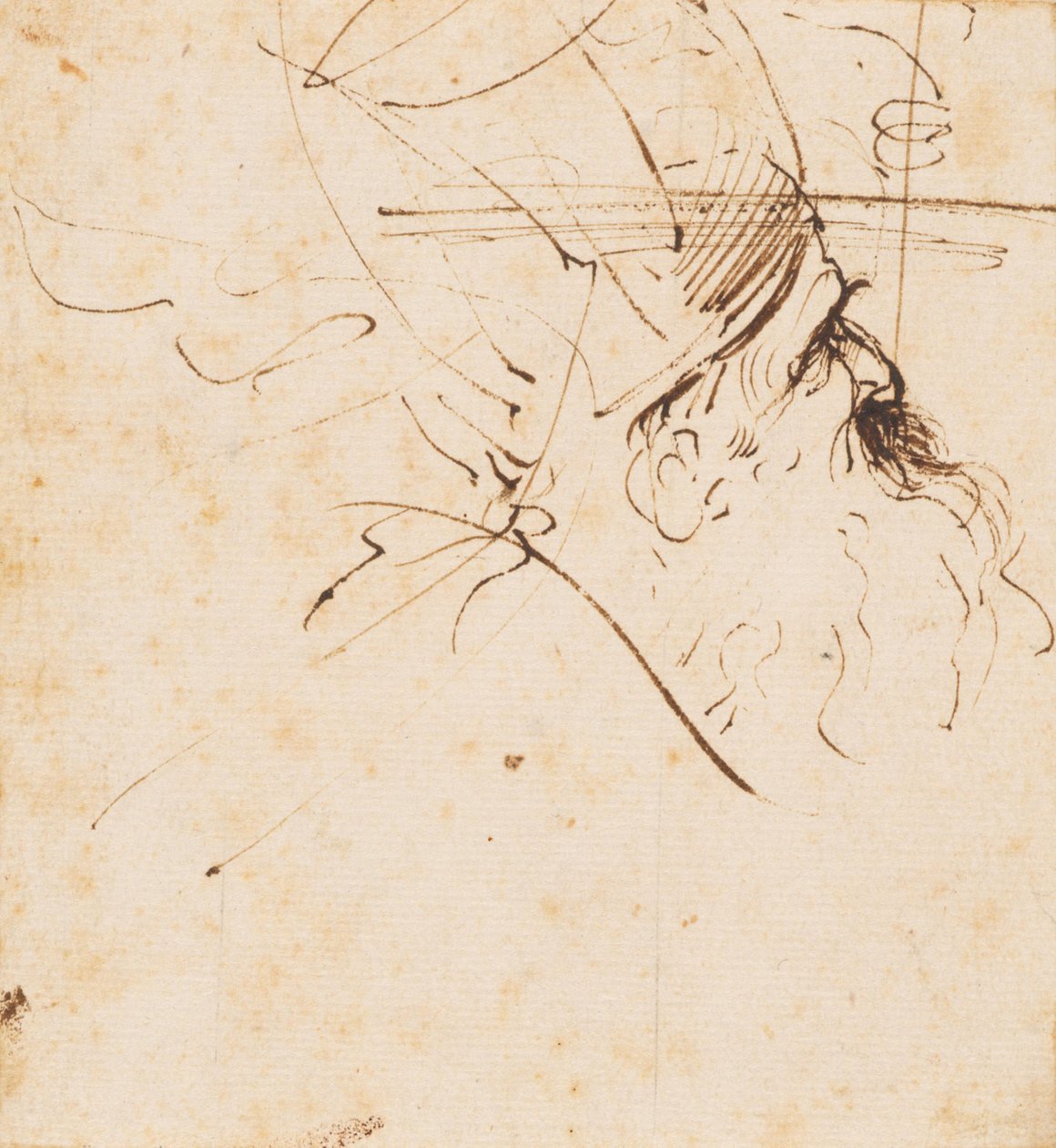 Schets van een hoofd van een geestelijke met mijter, naar rechtsboven kijkend door Guercino