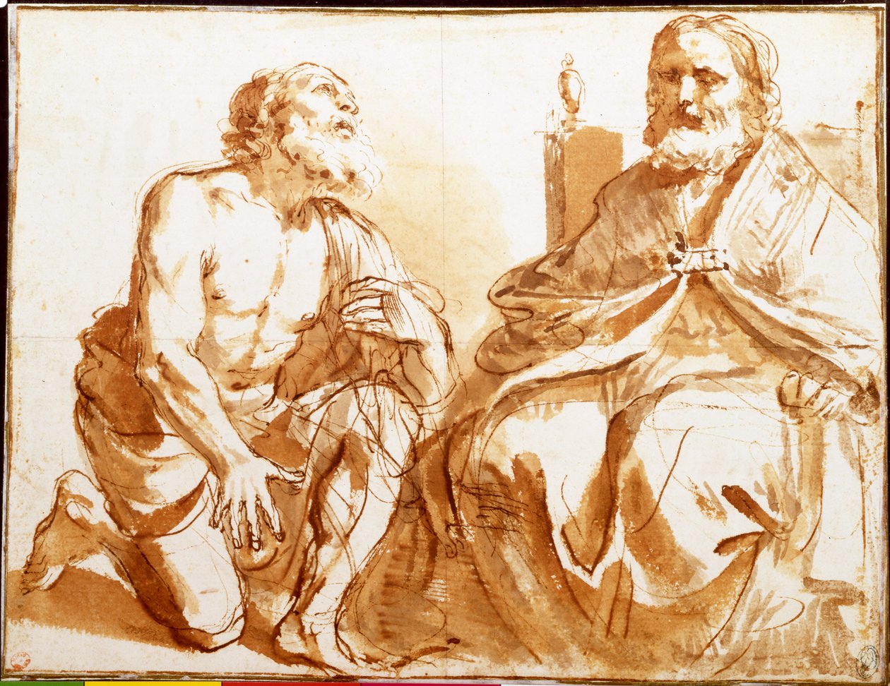 Zittende bisschop en knielende heilige door Guercino