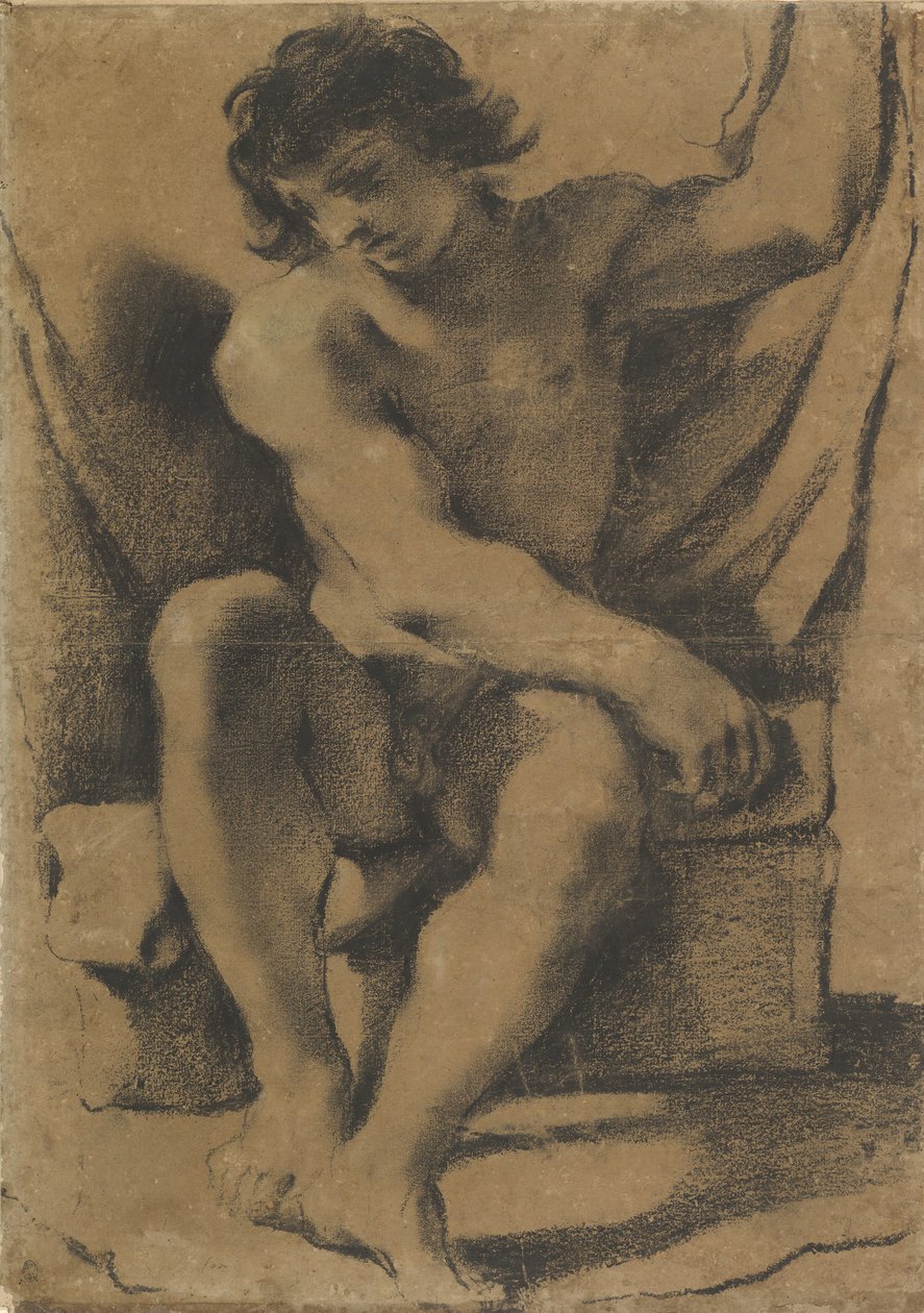 Zittende naakte jonge man in bijna frontaal zicht, ca. 1618 door Guercino
