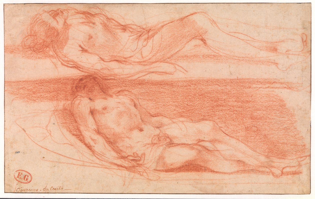Twee studies van liggende halfnaakte man door Guercino