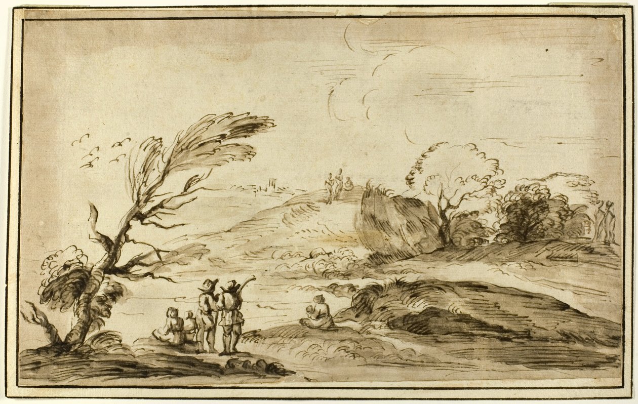 Twee groepen figuren in een landschap door Guercino