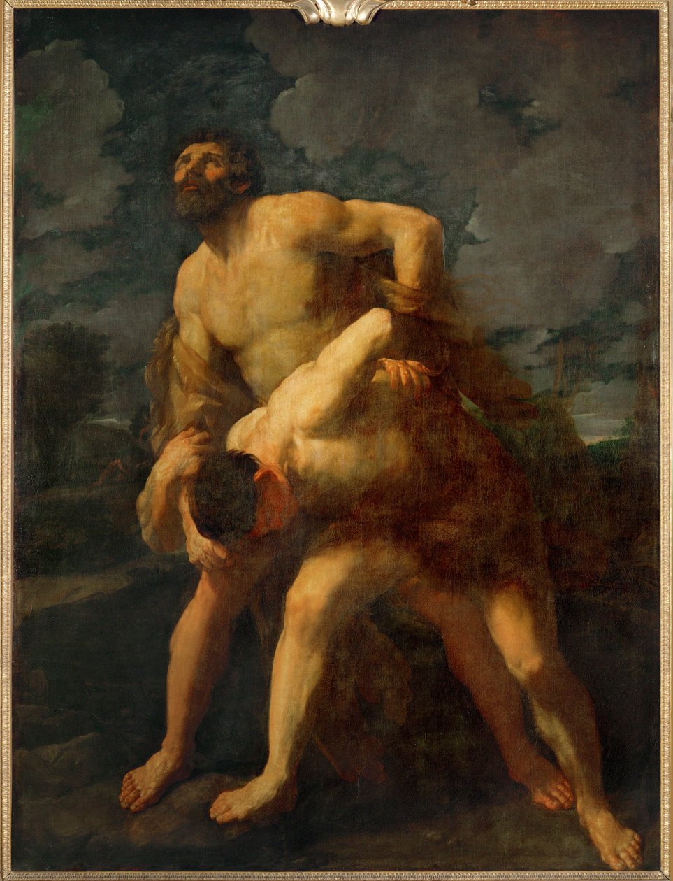 Hercules worstelt met de riviergod Achelaos, die ook van Dejaneira houdt, maar verliest het gevecht en de nimf ... door Guido (follower of) Reni
