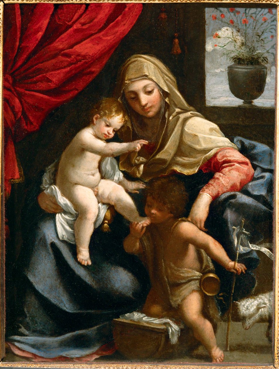 De Maagd, kindje Jezus en Johannes de Doper, metgezel ... door Guido (follower of) Reni