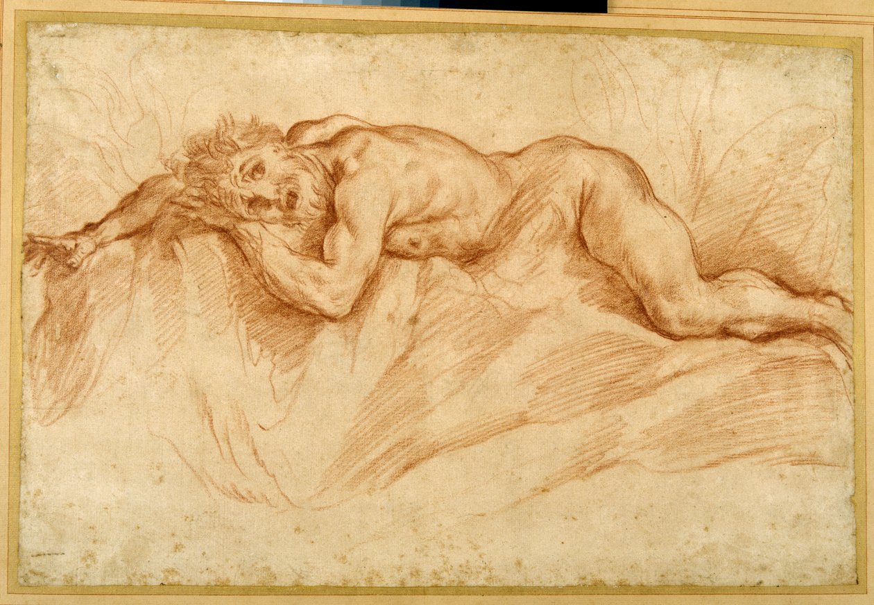 Een doodsbange naakte man, liggend op rotsachtige grond door Guido Reni