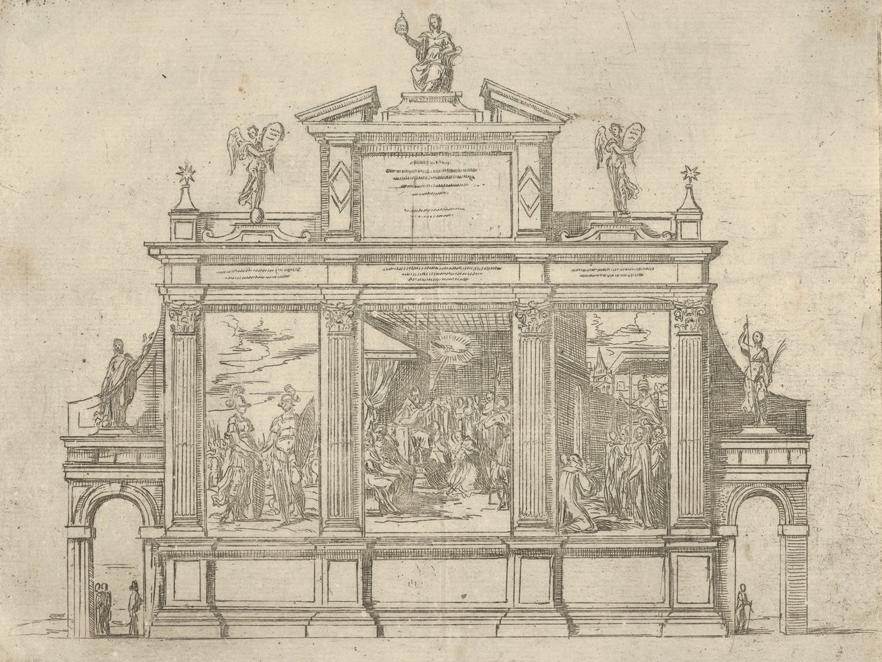 Gevel van een triomfmonument met drie scènes die de daden van paus Clemens VIII uitbeelden, een t..., 1598 door Guido Reni
