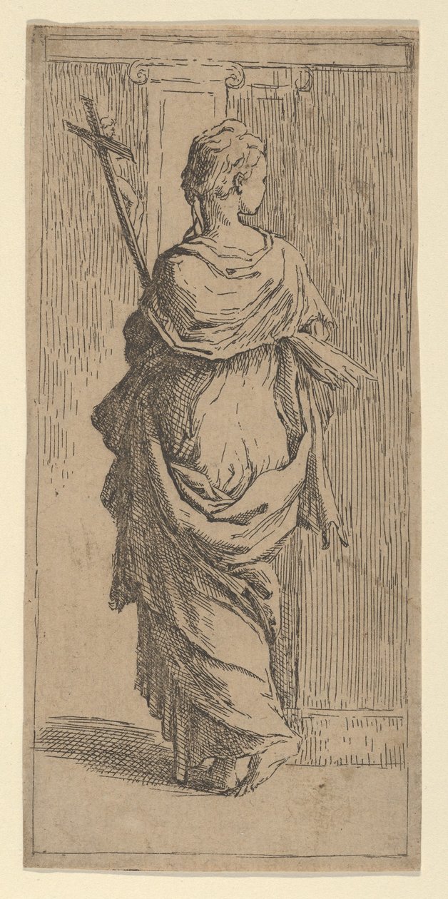 Meisje dat een kruis draagt en naar een pilaster stapt, van achteren gezien door Guido Reni