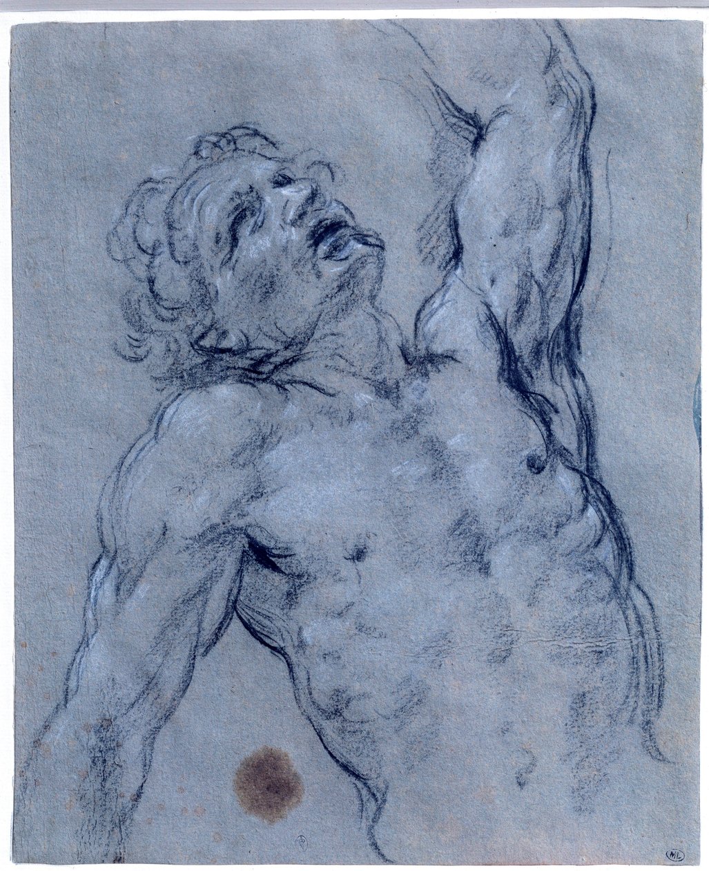 Halffiguur van naakte man, draait zich om, doet alsof hij lijdt Zwarte steentekening door Guido Reni genaamd De Gids (1573-1642) door Guido Reni