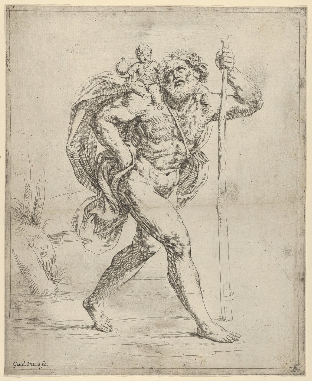 Sint Christoffel met het Christuskind op zijn rechterschouder door Guido Reni
