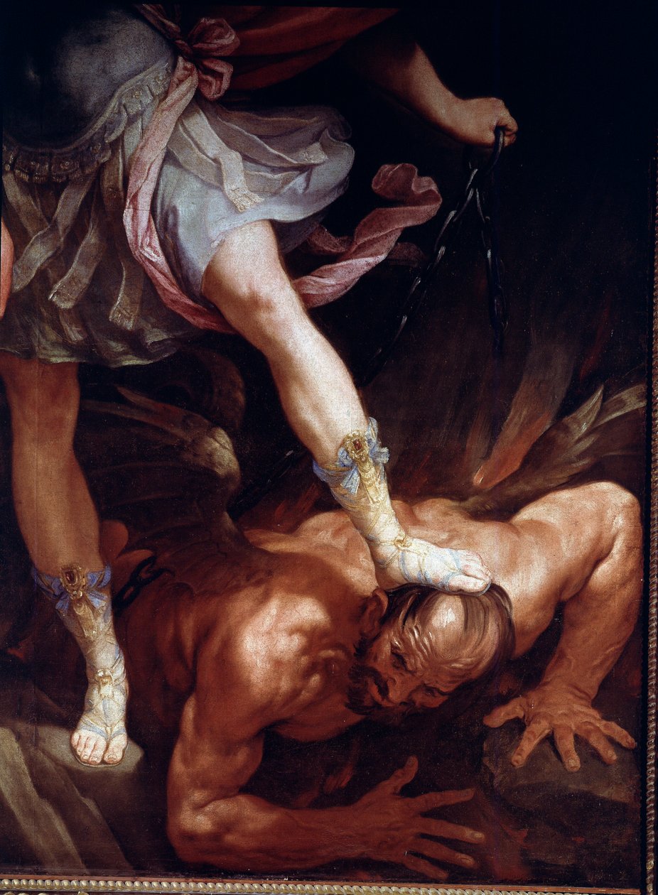 Sint-Michiel verplettert het hoofd van de demon (detail van de sandalen) door Guido Reni