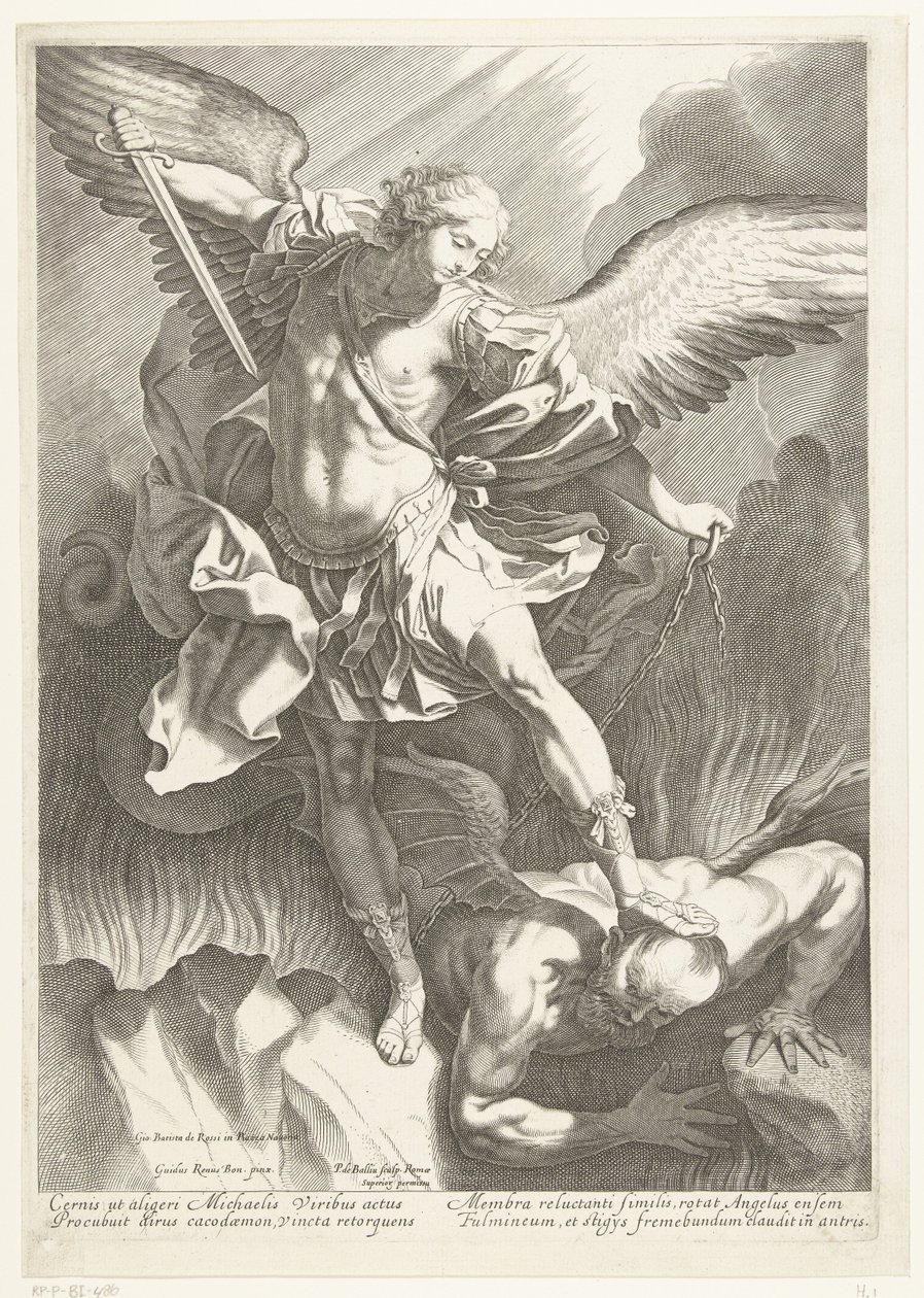 De Aartsengel St. Michael verslaat de Duivel, gegraveerd door Pieter de Bailliu, 1623-60 door Guido Reni