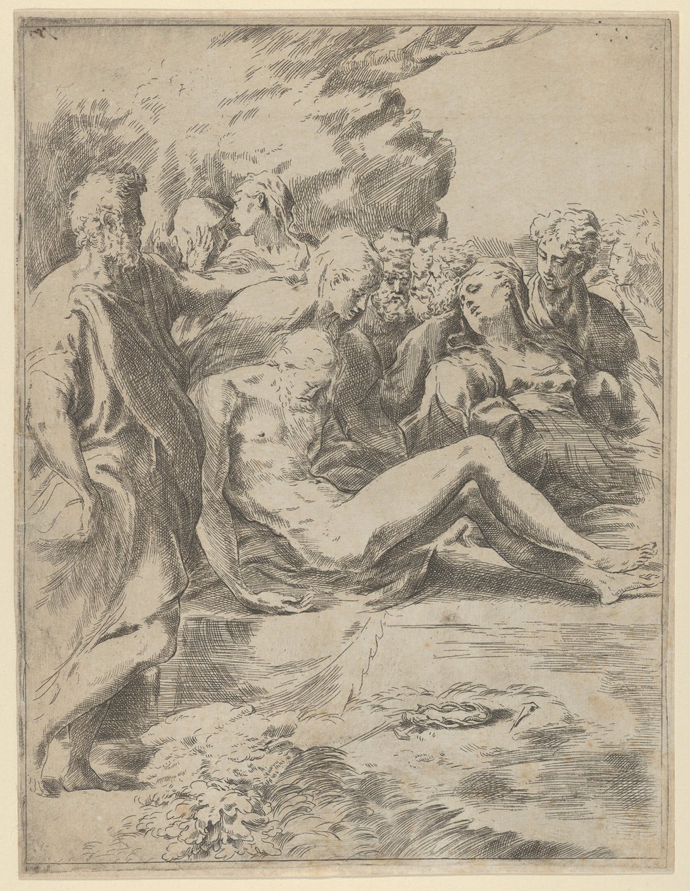 De graflegging, Christus met uitgestrekte benen, de Maagd aan de rechterkant door Guido Reni