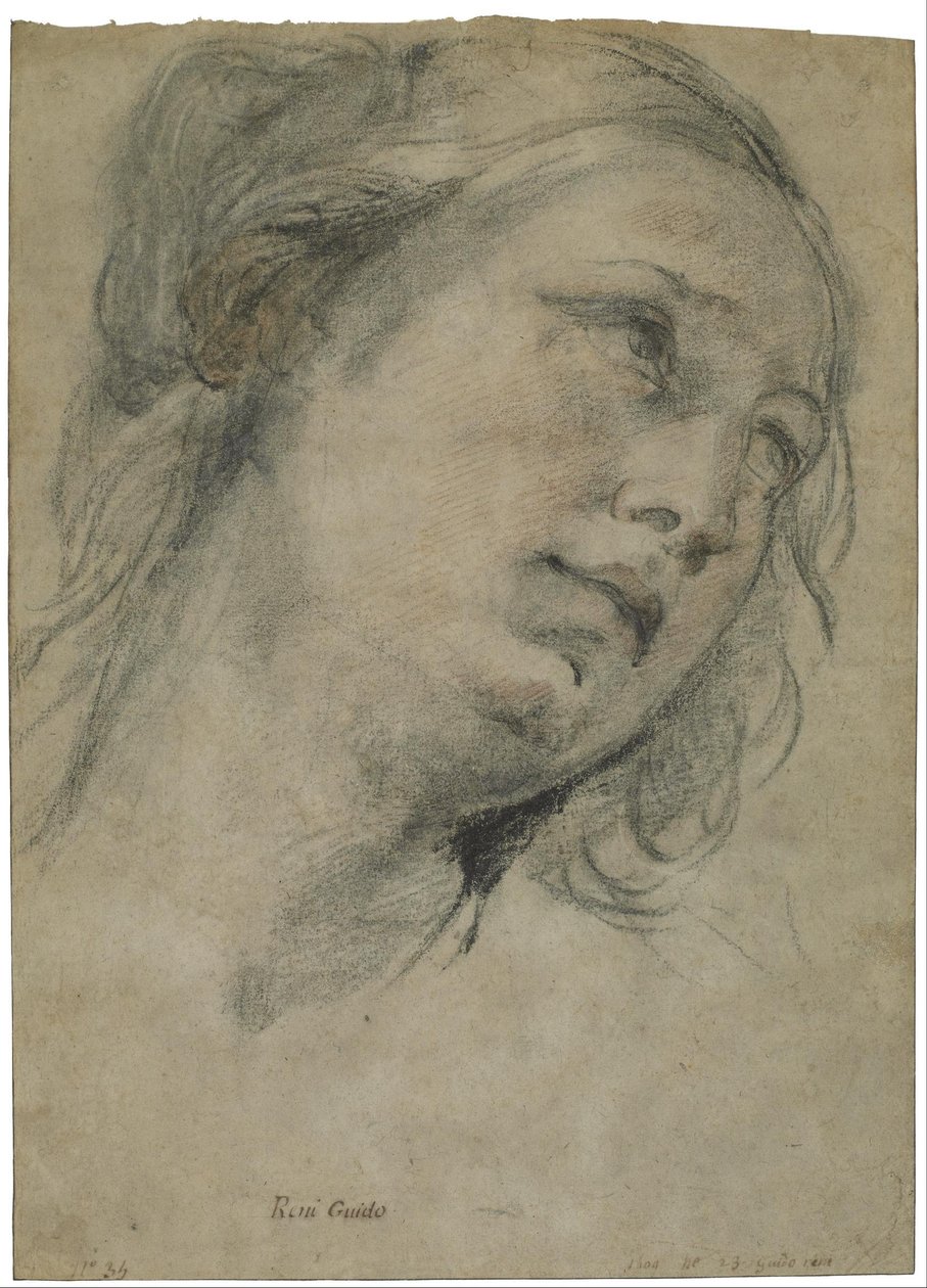 Het hoofd van een jonge vrouw naar boven kijkend door Guido Reni
