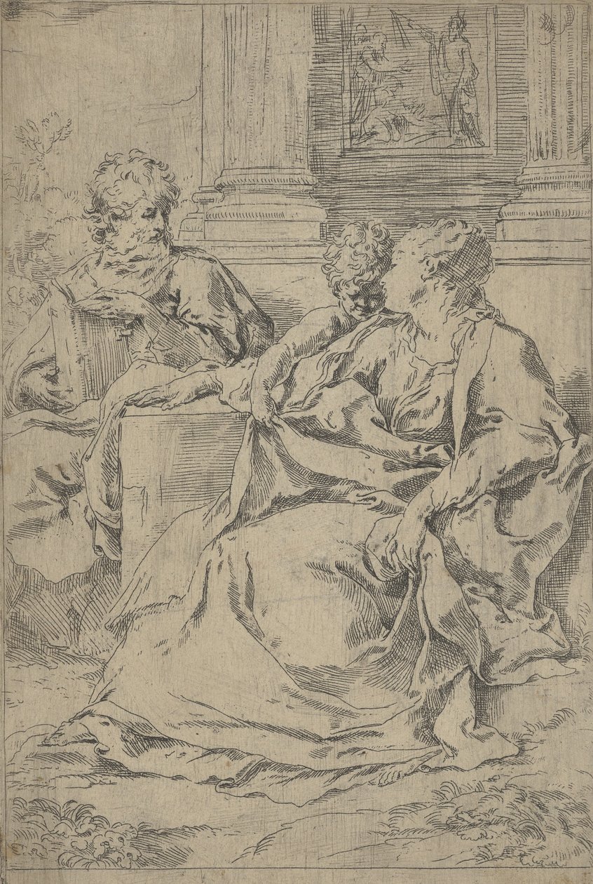 De Heilige Familie zittend samen voor een colonnade, Sint Jozef lezend door Guido Reni