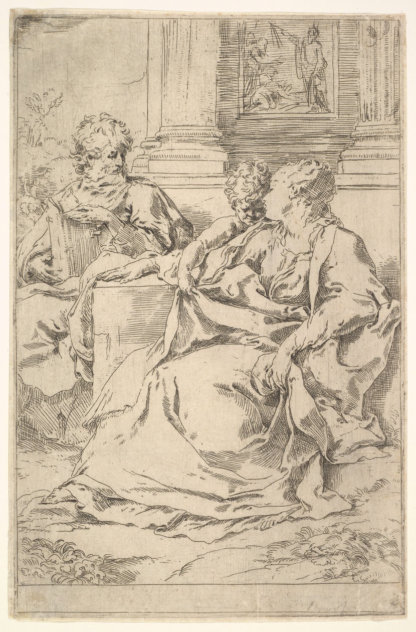 De Heilige Familie met Bijbels tafereel op de achtergrond door Guido Reni