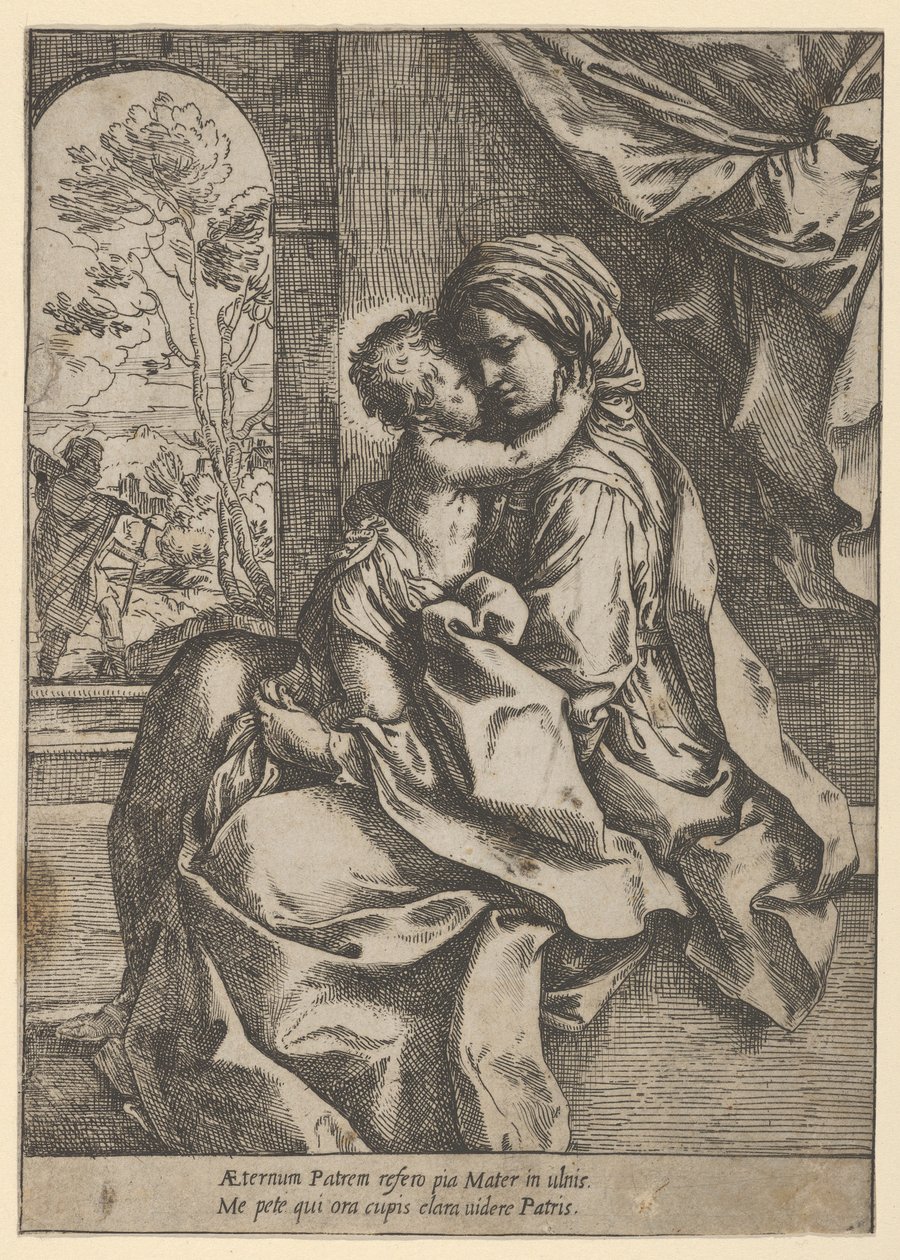 De Maagd zittend met het Christuskind op haar schoot die haar omhelst, Jozef gezien door..., ca. 1600-1613 door Guido Reni