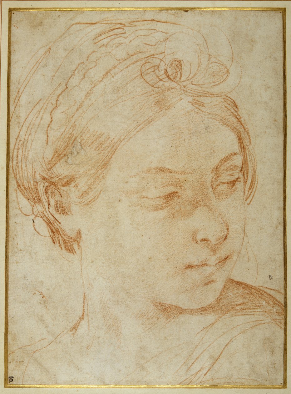 Hoofd van een jonge vrouw, over haar linker schouder kijkend door Guido Reni
