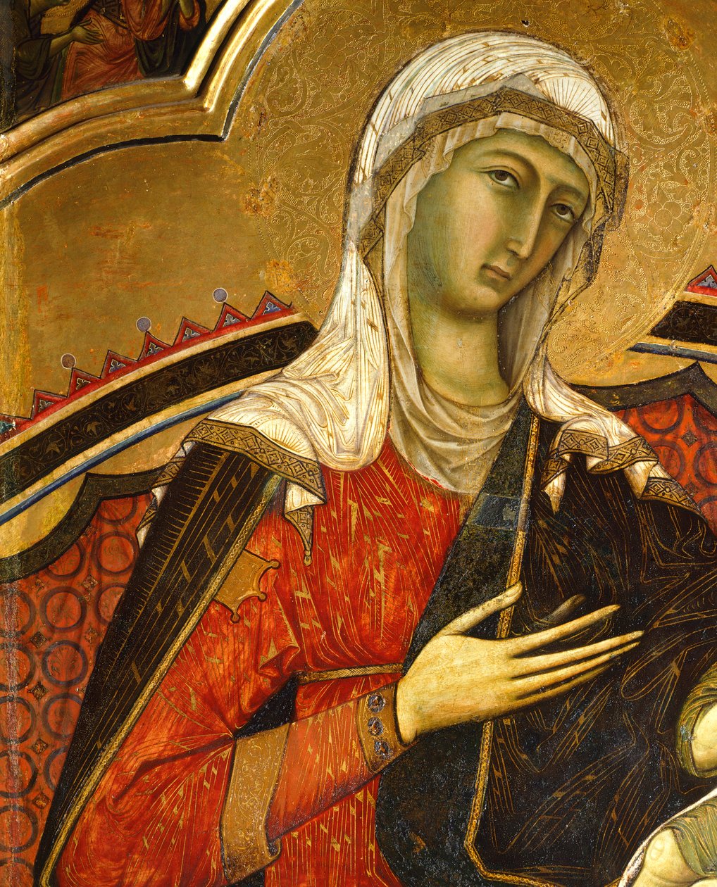 Gezicht van Maria, detail van Majesteit, detail, Zaal van de Zuilen, Palazzo Pubblico (Stadhuis), Siena door Guido da Siena