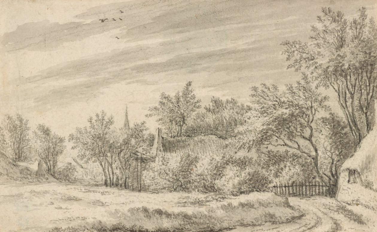 Dorpspad met kerktoren in de verte door Guillam Dubois