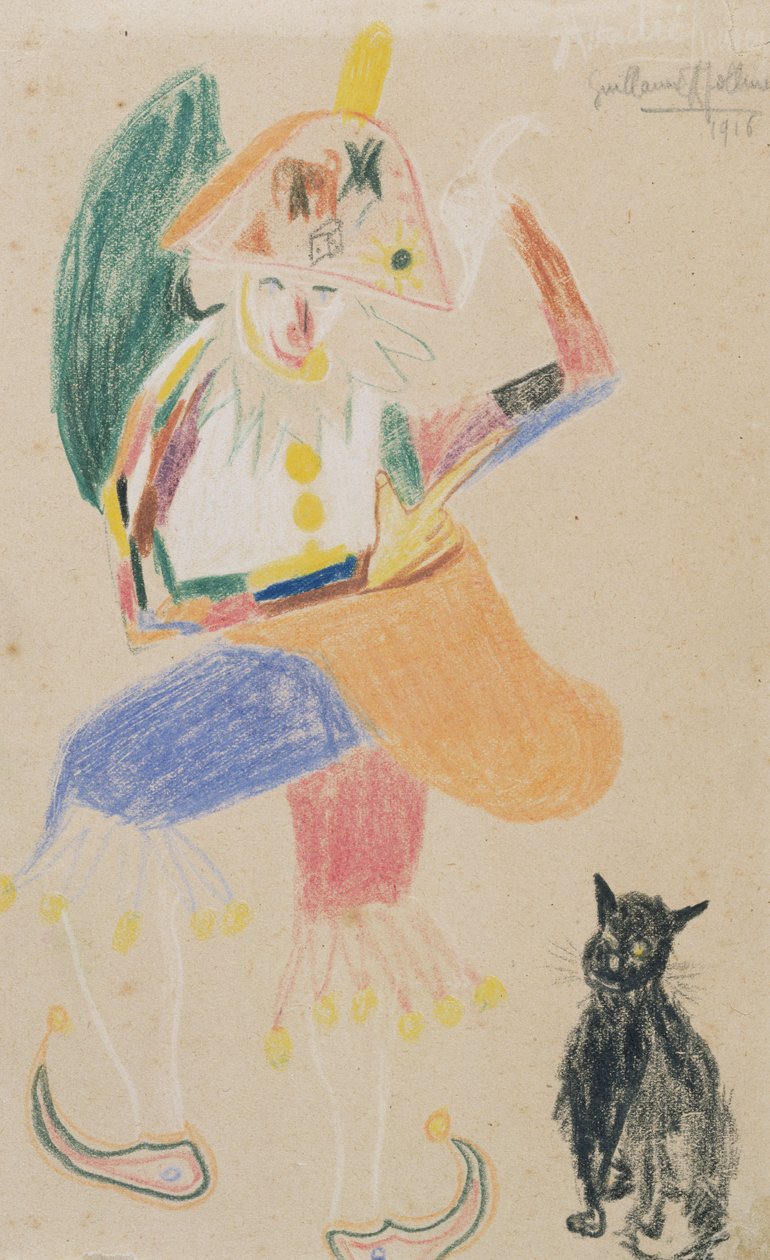 Clown in een bicorne met een kat, tekening opgedragen aan Andre Rouveyre, 1916 door Guillaume Apollinaire