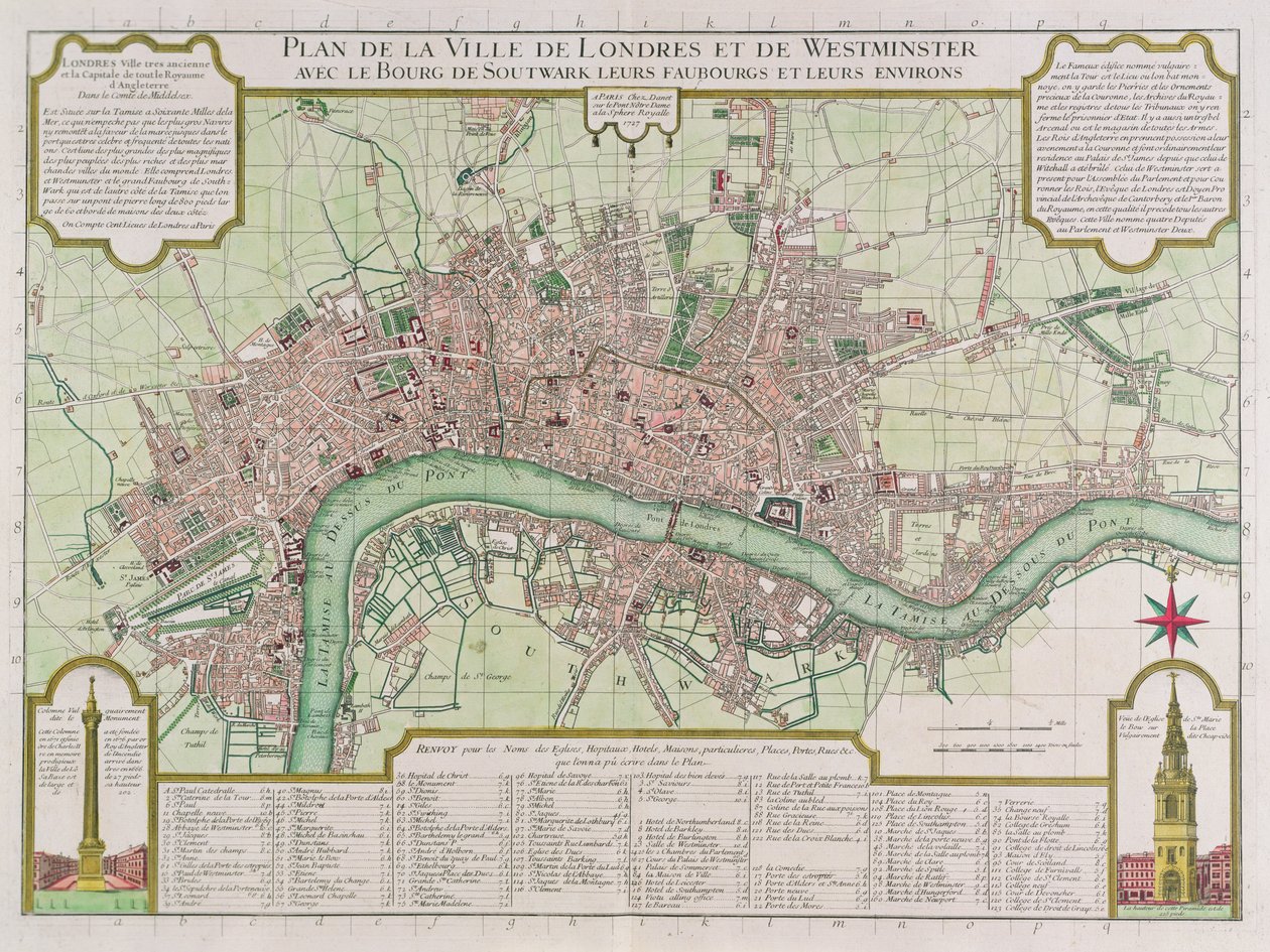Plan van de steden Londen en Westminster, 1727 (handgekleurde gravure) door Guillaume Danet
