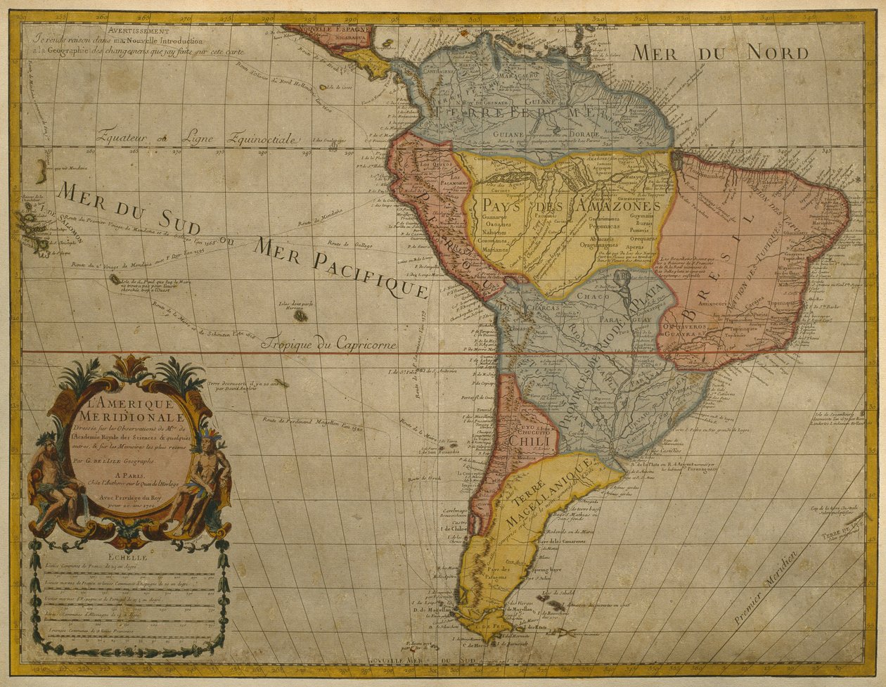 Kaart van Zuid-Amerika, gepubliceerd in 1700, Parijs (kleurengraving) door Guillaume Delisle