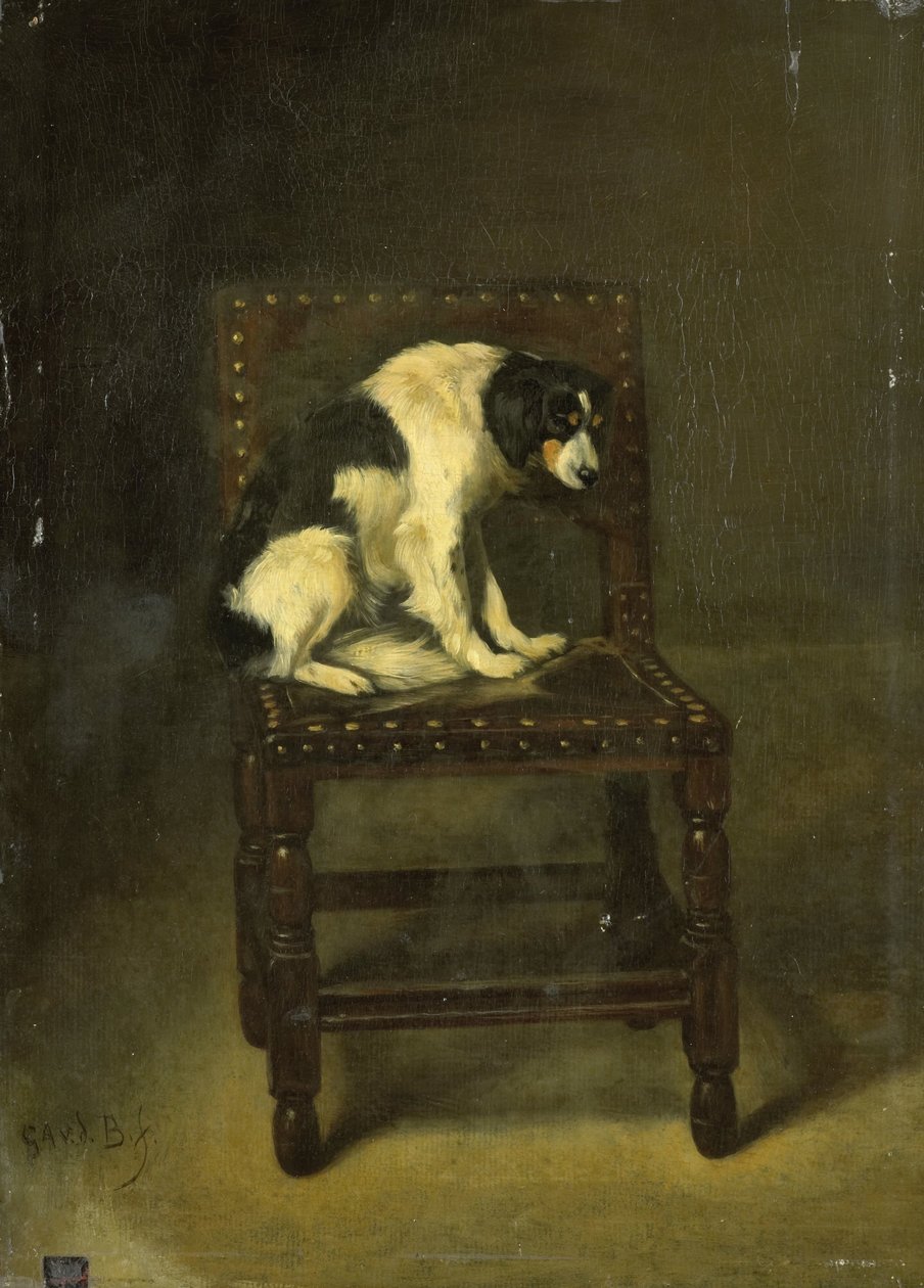 Een hond op een stoel door Guillaume Anne van der Brugghen