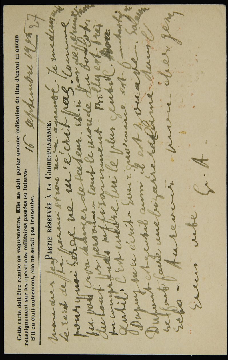 Handgeschreven ansichtkaart aan Jean Mollet, gedateerd 16 september 1915 door Guillaume Apollinaire
