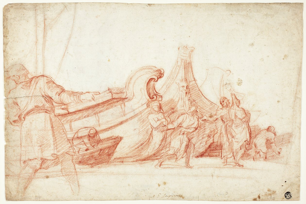 Dokscène (recto); Twee schetsen van mannelijke figuren (verso) door Guillaume Courtois