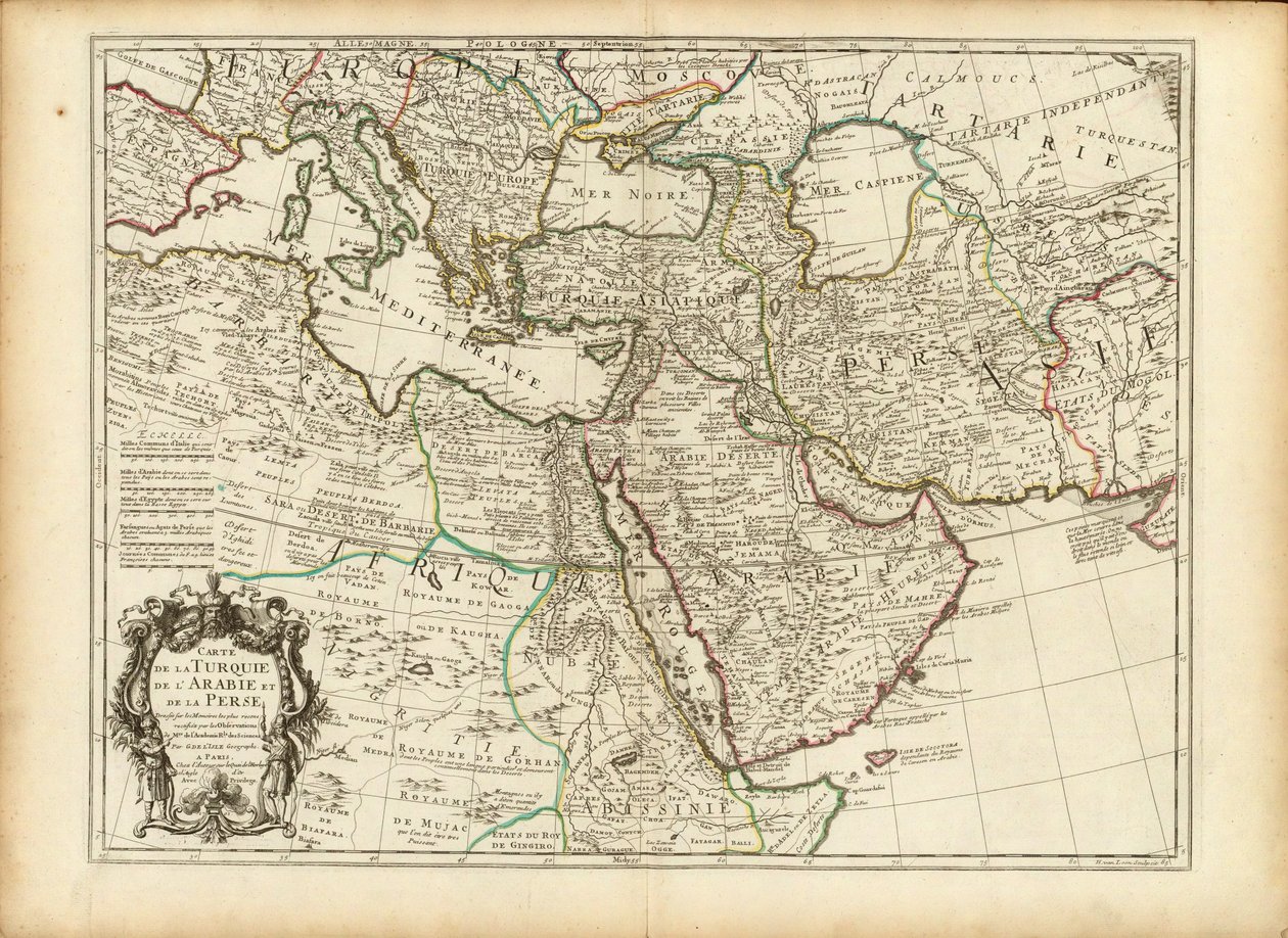 1701 Guillaume Delisle kaart van het Ottomaanse en Perzische rijk (bijgesneden) door Guillaume Delisle