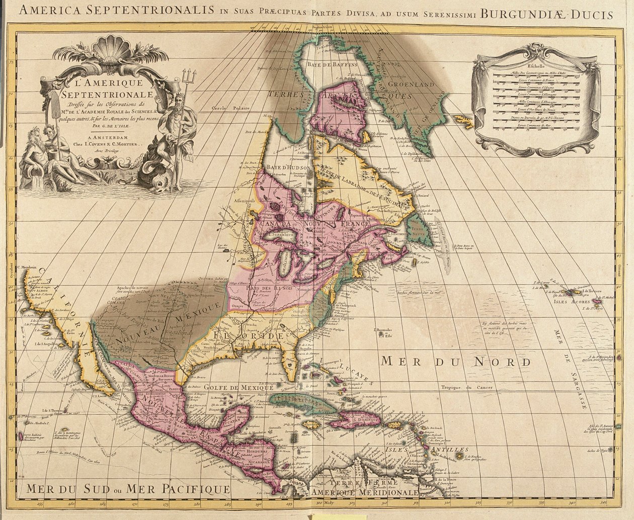 Kaart van Noord-Amerika (Groenland, Canada, VS, Mexico en de Caraïbische eilanden: Cuba, Haïti, Jamaica, West-Indië) (ets) door Guillaume Delisle