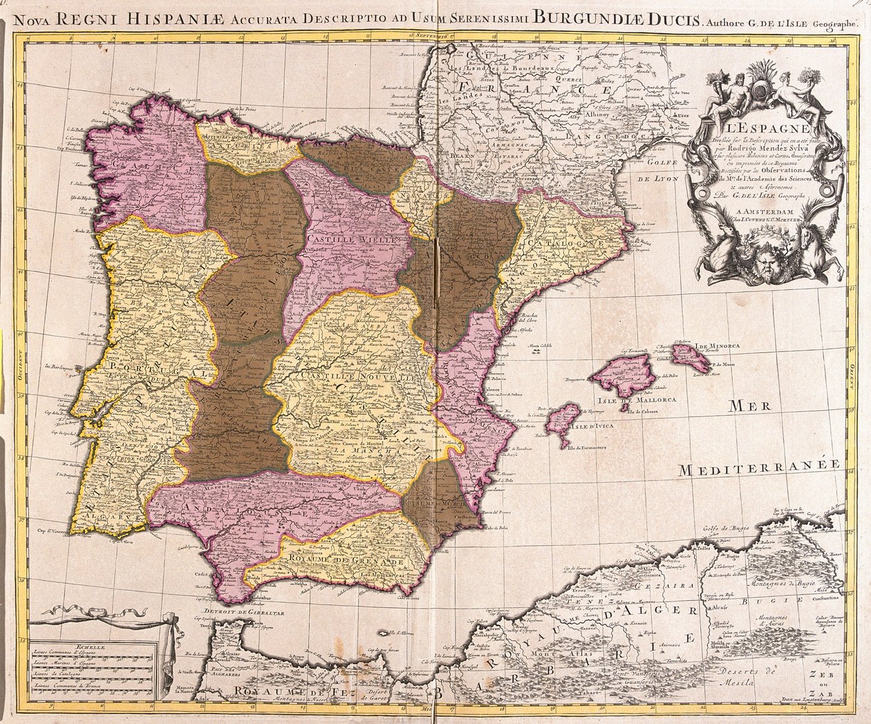 Kaart van het Iberisch Schiereiland, Koninkrijk Portugal en Spanje (ets) door Guillaume Delisle