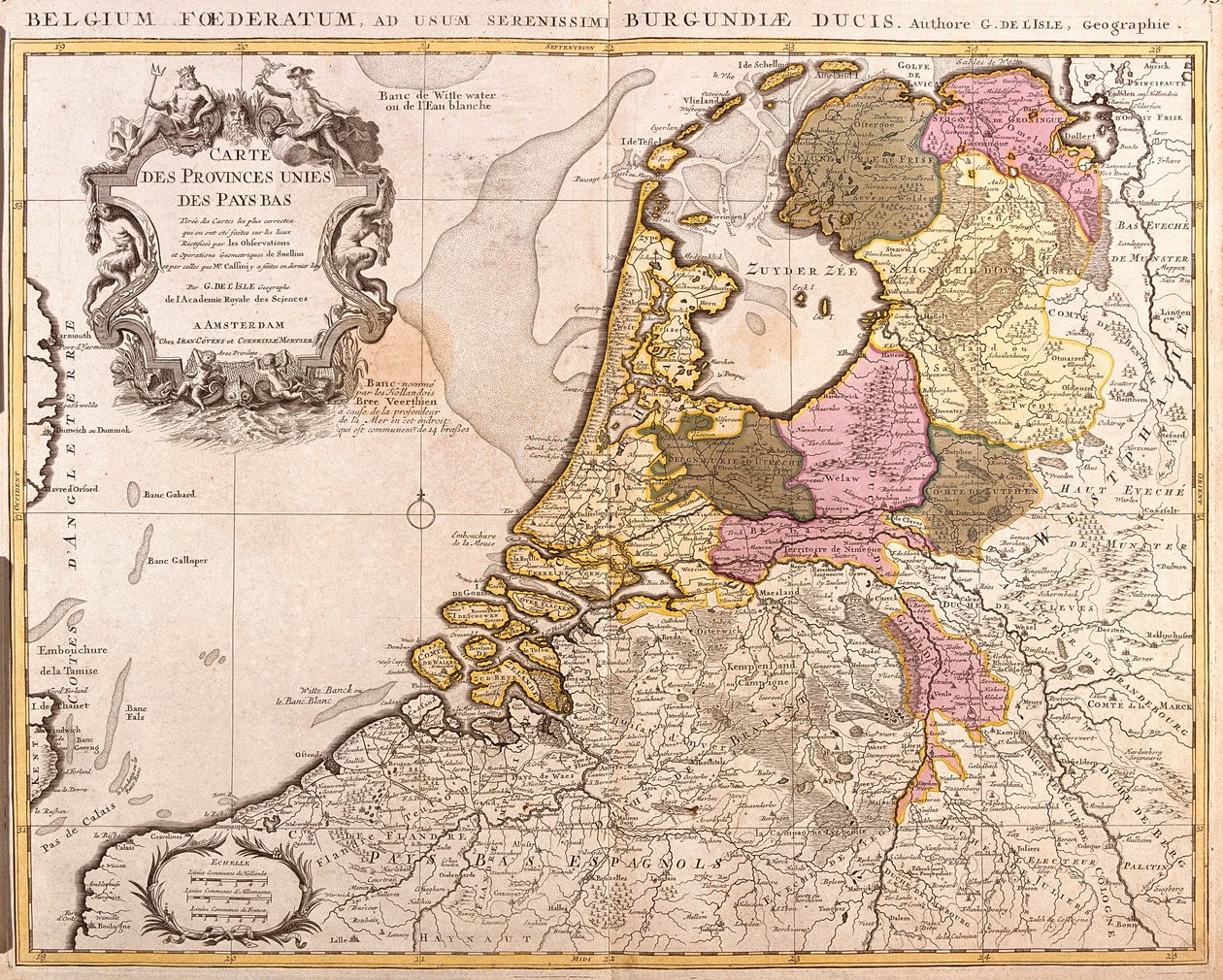 Kaart van de Verenigde Provincies van Nederland (ets) door Guillaume Delisle