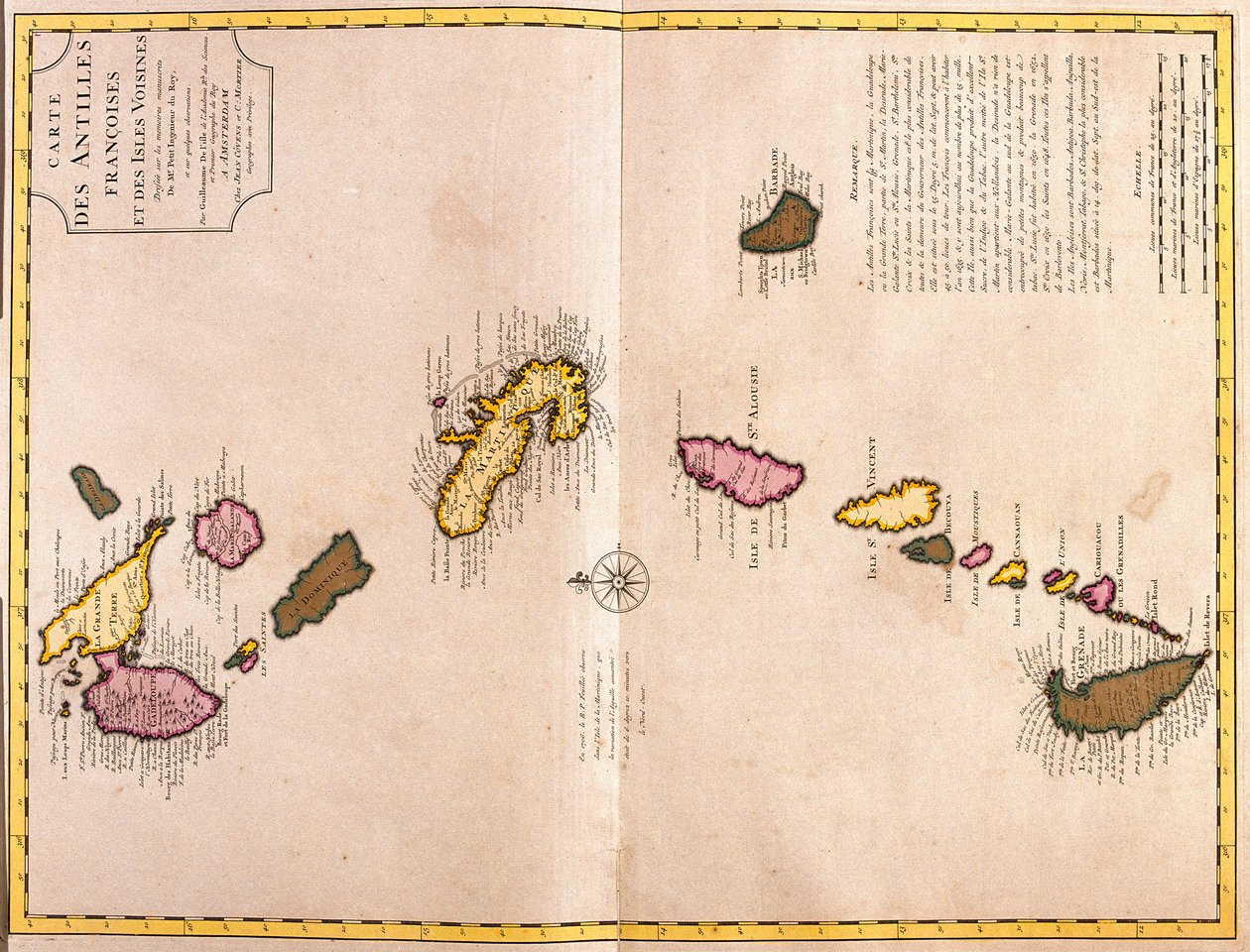 Kaarten van de Caraïbische eilanden (Guadeloupe, Marie Galante, Dominica, Martinique, Saint Lucia, Saint Vincent, Barbados, Grenadines en Grenada) door Guillaume Delisle