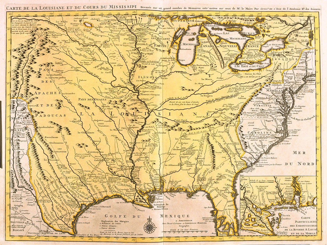 Montana, Noord-Dakota, Minnesota, Wisconsin, Michigan, New York, Wyoming, Zuid-Dakota, Nebraska, Iowa, Illinois, Indiana, Ohio, Pennsylvania, Colorado, Kansas, Missouri, Kentucky, West Virginia, Oklahoma, Arkansas, Tennessee, Texas, Louisiana, Mississippi door Guillaume Delisle