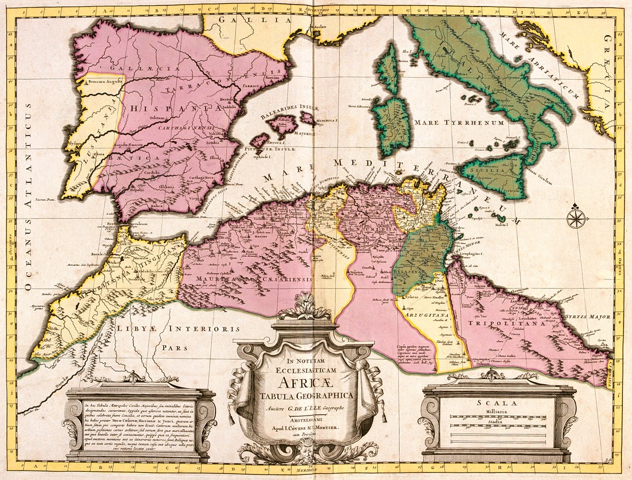 Marokko, noord-Algerije, Tunesië, noordwest-Libië, Spanje, Portugal, Italië (behalve het noorden) door Guillaume Delisle