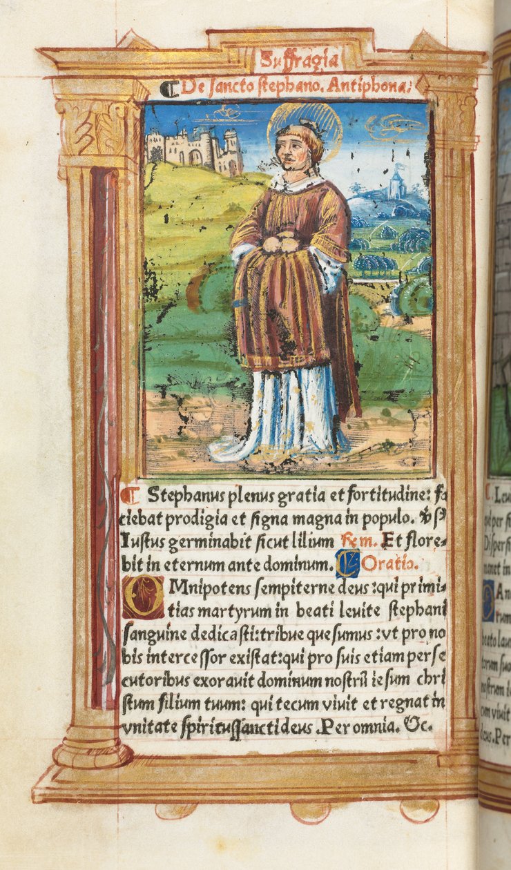Gedrukt getijdenboek (Gebruik van Rome): fol. 100v, St. Stefanus door Guillaume Le Rouge