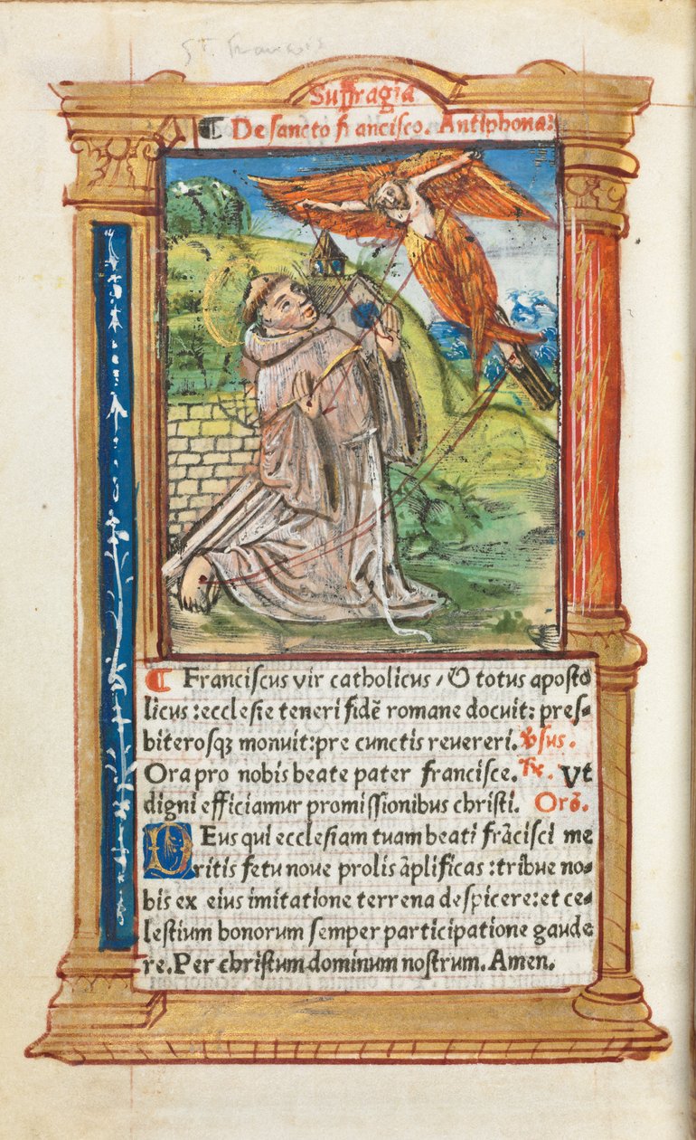 Gedrukt getijdenboek (gebruik van Rome): fol. 106v, St. Franciscus van Assisi door Guillaume Le Rouge