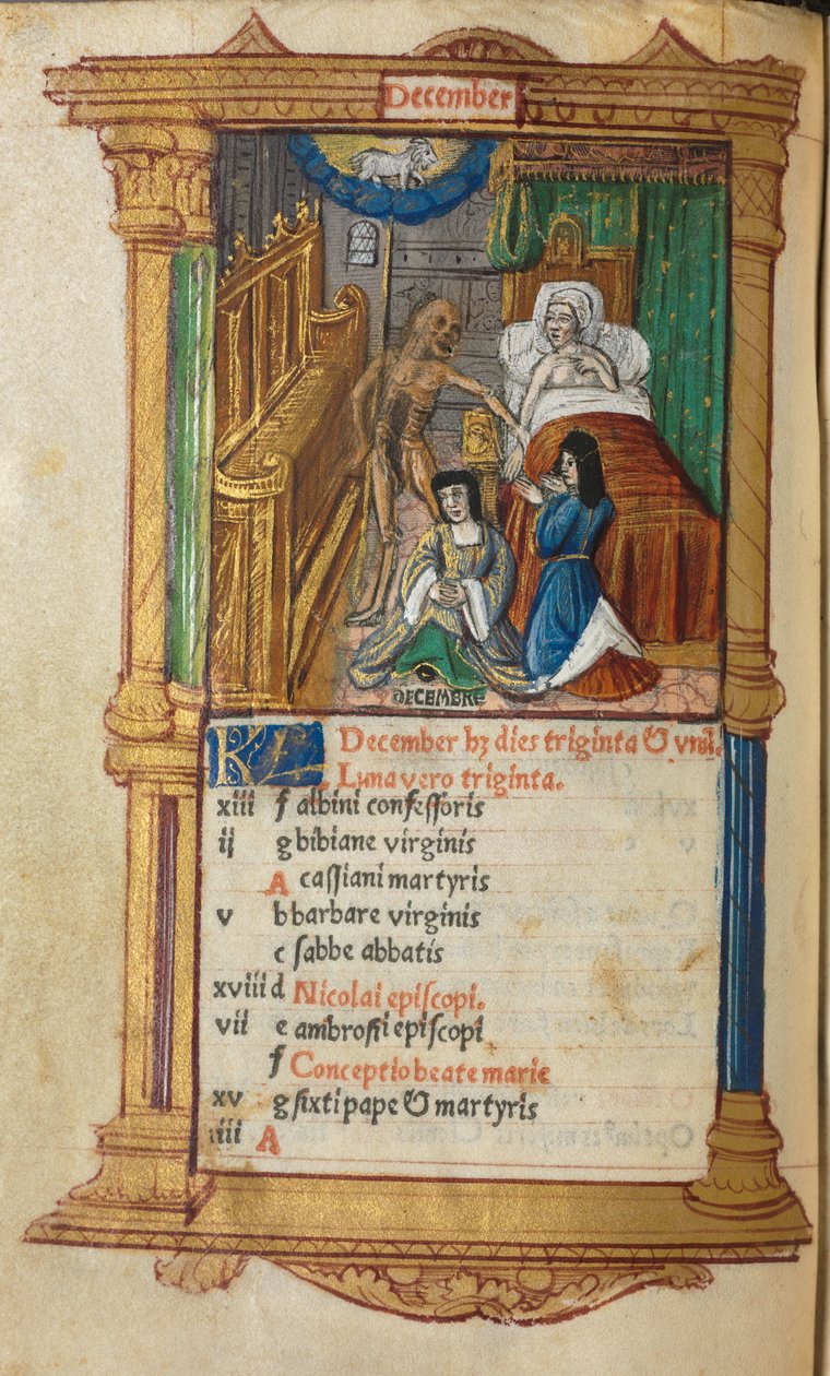 Gedrukt Getijdenboek (Gebruik van Rome): fol. 13v, December kalenderpagina door Guillaume Le Rouge
