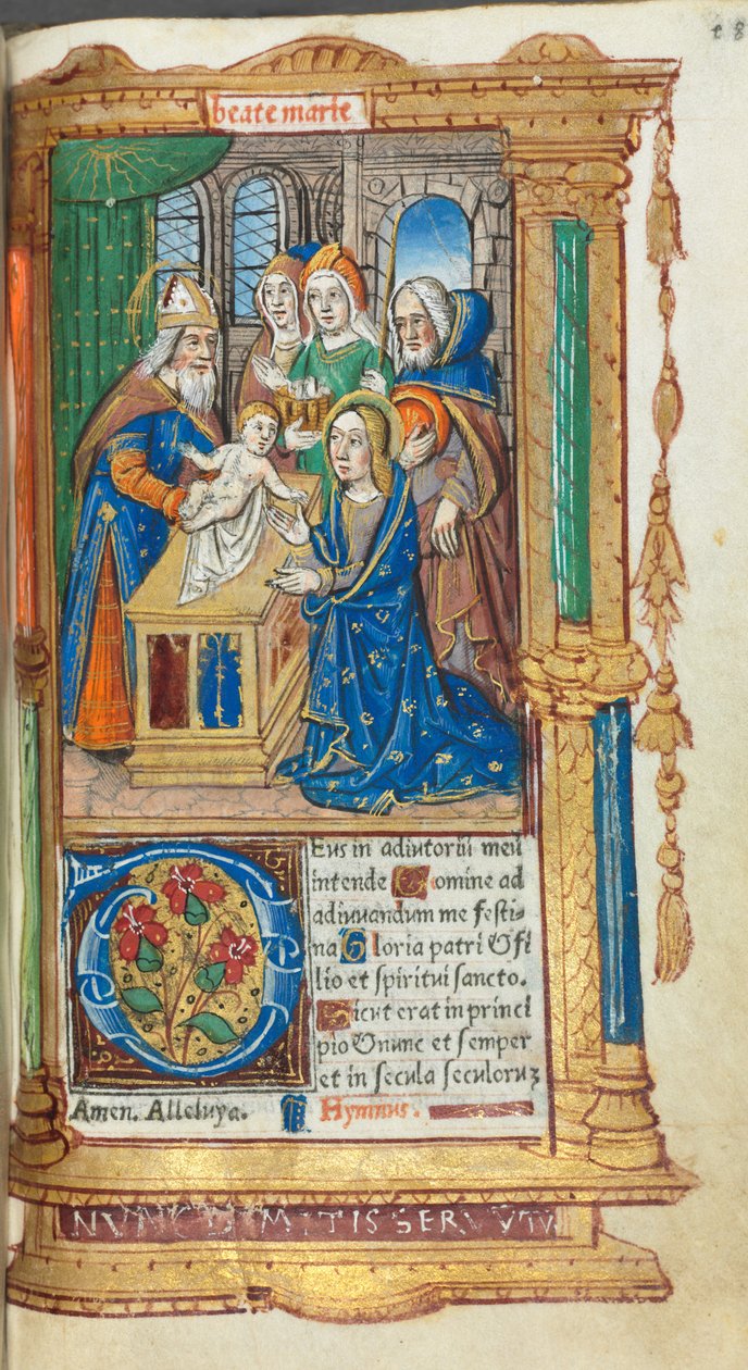 Gedrukt getijdenboek (gebruik van Rome): fol. 40r, Presentatie in de Tempel door Guillaume Le Rouge