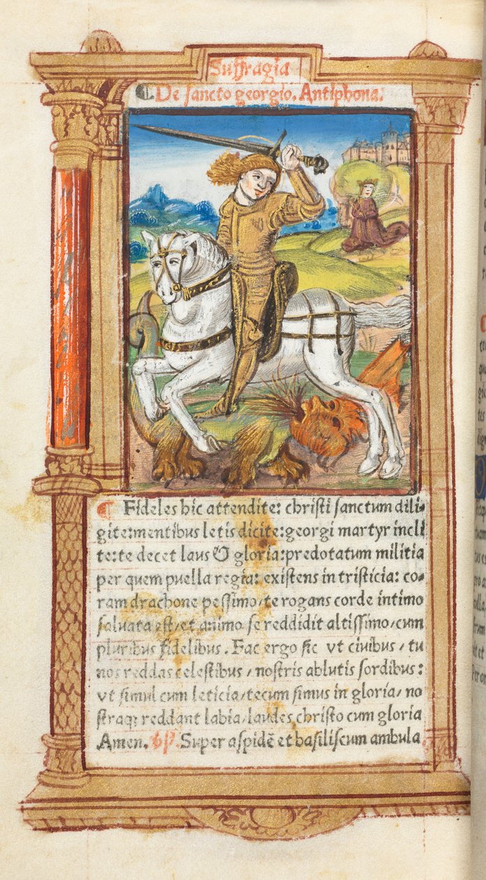 Gedrukt getijdenboek Gebruik van Rome: fol. 103v, St. Joris die de draak doodt, 1510 door Guillaume Le Rouge