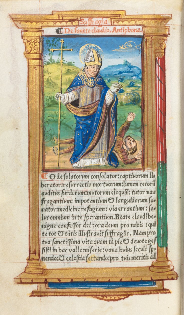 Gedrukt Getijdenboek Gebruik van Rome: fol. 105v, St. Claude als Bisschop, 1510 door Guillaume Le Rouge