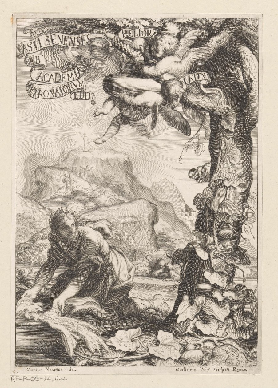 Allegorische voorstelling van een gelauwerde vrouw die een kalebasboom water geeft; op de achtergrond bestijgen figuren een berg. Titelpagina voor: Giovanni Baptista Ferrari, Fasti Senenses, Ab Academia Intronatorum Editi, 1661 door Guillaume Vallet