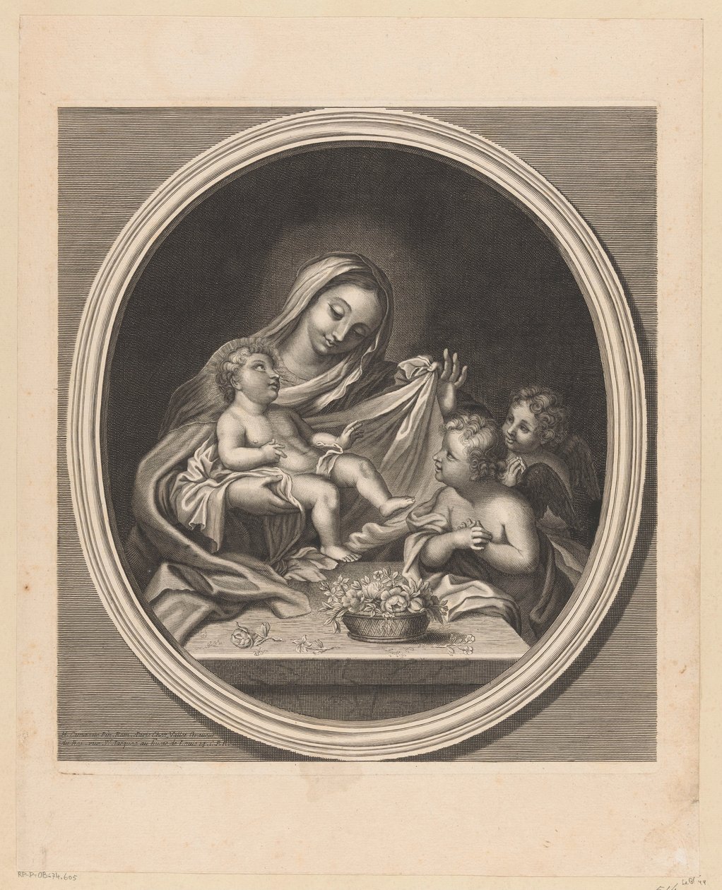 Maria met Kind en twee engelen achter een tafel met een mand met bloemen door Guillaume Vallet