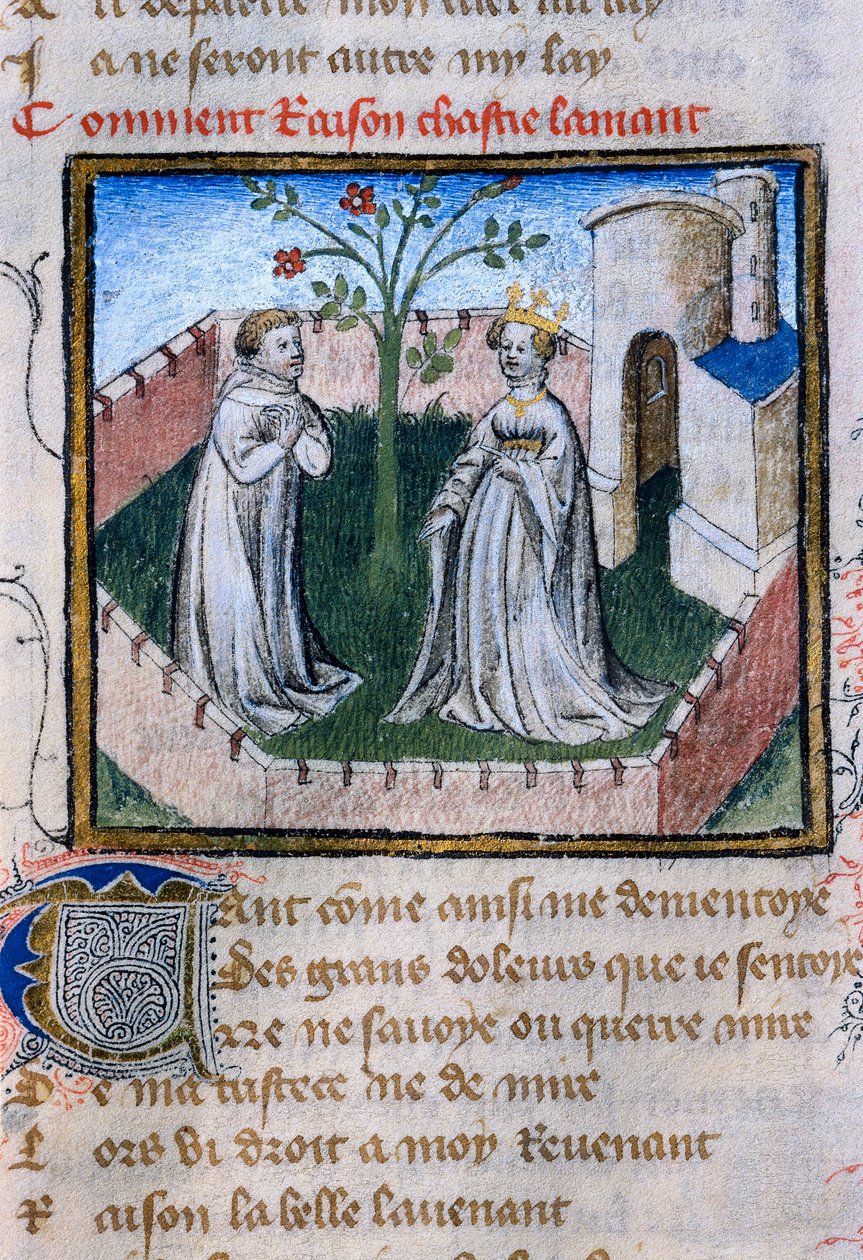 Voorstelling van een paar geliefden bij een roos, miniatuur in "Roman de la Rose" door Guillaume de Lorris