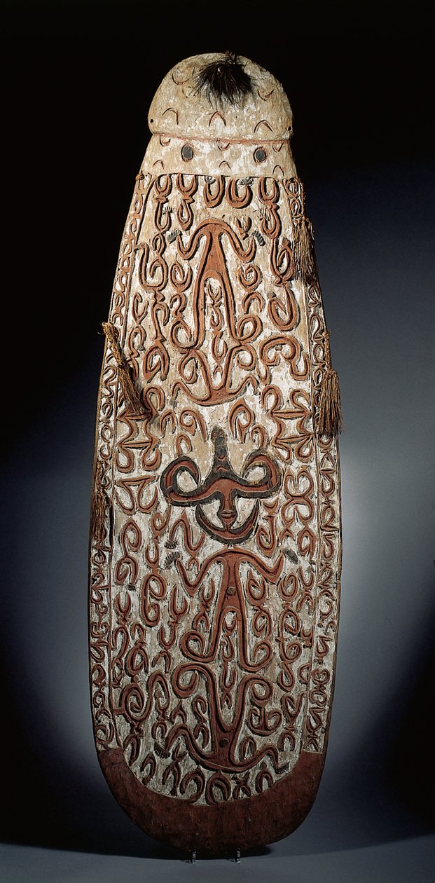 Ovale Asmat-schild, gesneden in reliëf met scrollende ornamenten met sterk gestileerde figuren, gevlochten kwastjes aan de rand door Guinean New