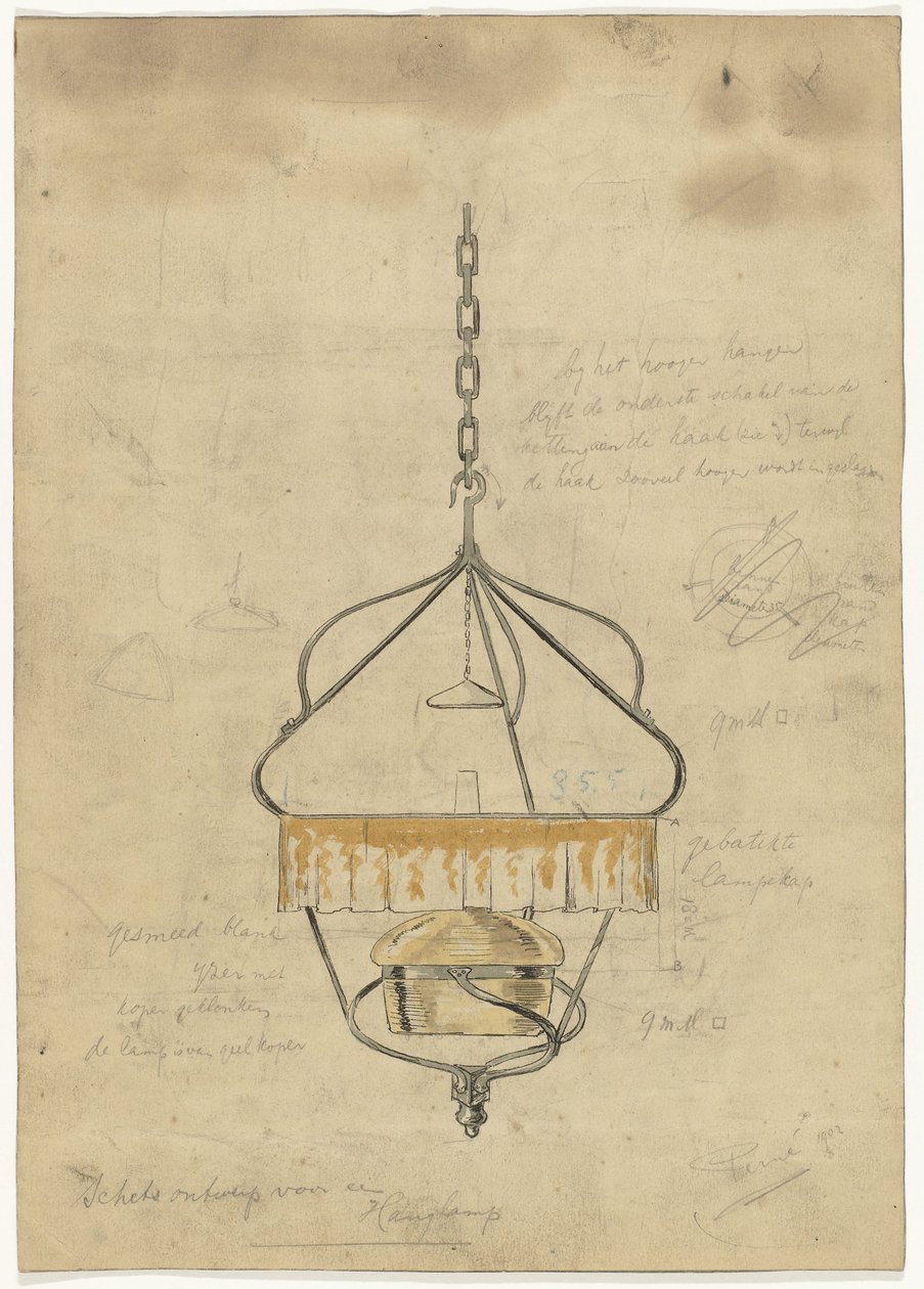 Ontwerp voor een hanglamp door Gust van de Wall Perné (signed by artist)